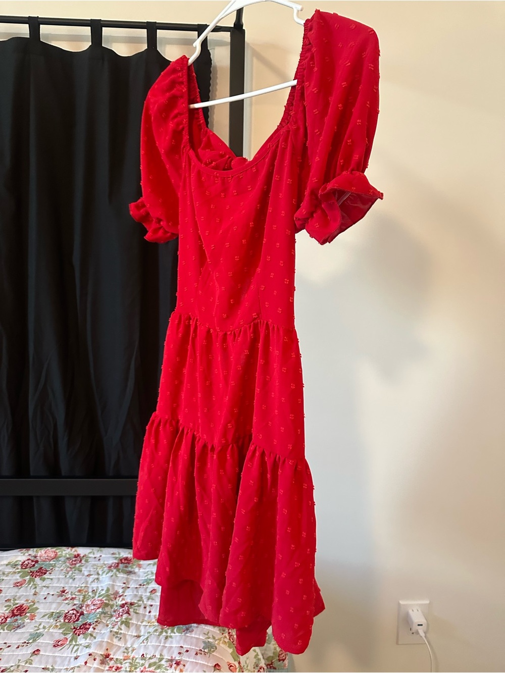 Source Unknown Red Tiered Midi Dress with Puff Sleeves
